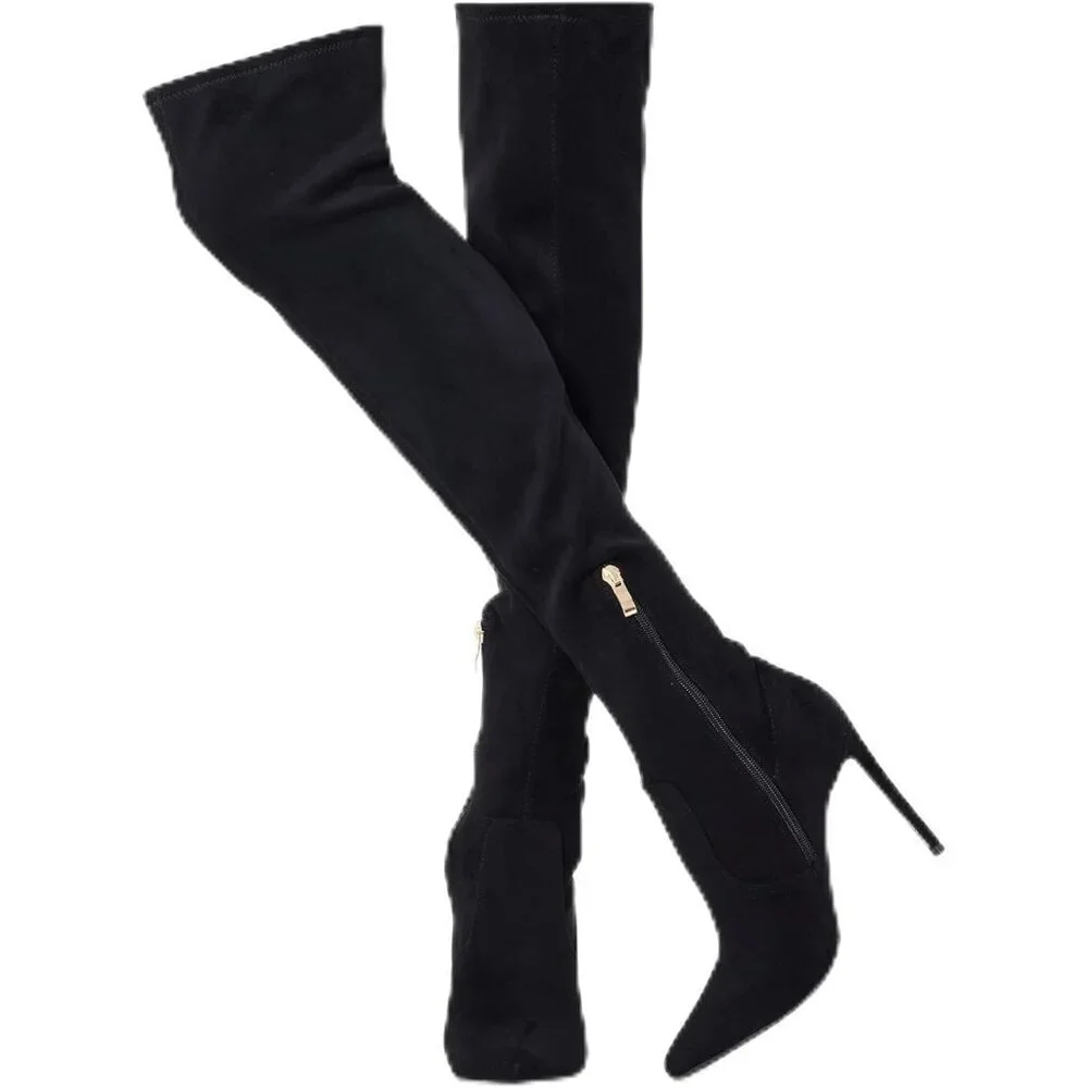 Women Black Suede Wools Polyurethane Over The Knee Stiletto Heel Pointed Boots